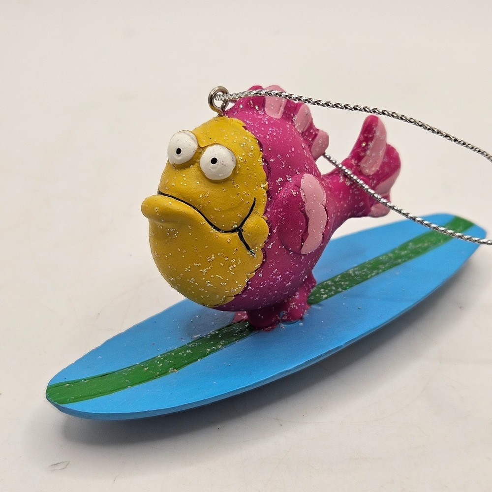 KSA Whimisical Pink Fish Surfboard Christmas Ornament Glitter Tropical Decor